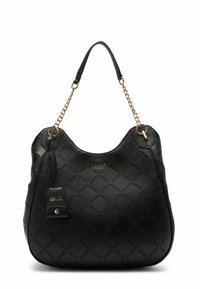 Sac à main en cuir noir avec un motif en losanges texturé, présentant une poignée en chaîne dorée et un logo de marque. Comprend une étiquette détachable pour les détails.