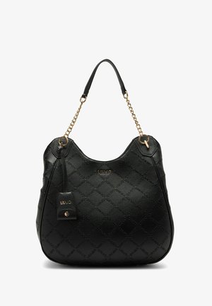 Borsa a tracolla in pelle nera con un motivo a diamante testurizzato, dotata di una manico a catena dorata e del logo del marchio. Include un'etichetta removibile per i dettagli.
