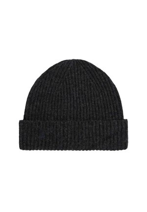 Gorro de punto acanalado negro con dobladillo. Textura suave, parte superior redondeada y detalle de costura sutil. Apto para usar en climas fríos.