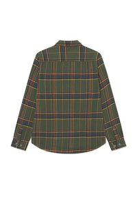 Groene geruite shirt met lange mouwen, knoopmanchetten, een kraag en horizontale en verticale strepen in blauwe en gele accenten.