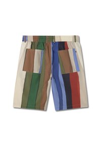 Bunt gestreifte Shorts mit elastischem Bund, ausgestattet mit zwei großen Seitentaschen. Die Farben umfassen Grün, Braun, Blau, Rot und Beige.