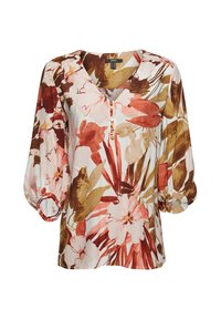 Blusa a maniche corte in tessuto leggero con motivo floreale nei toni di rosso, rosa e beige. Scollo a V con dettagli in bottoni e maniche a sbuffo.