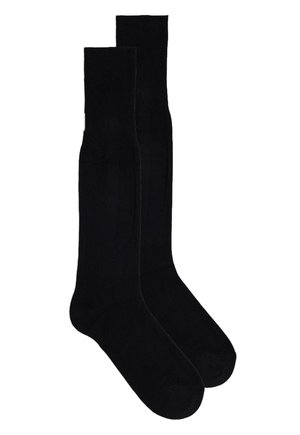 Schwarze knielange Socken aus einem glatten, elastischen Material mit verstärkter Zehen- und Ferse. Einfaches Design mit geripptem Textur am Bündchen.