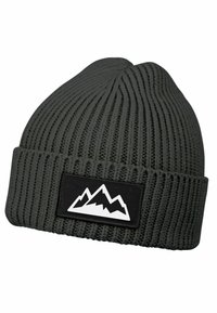 Gray knit beanie with a ribbed texture, featuring a black patch with a white mountain graphic. Soft, stretchy material for comfort.