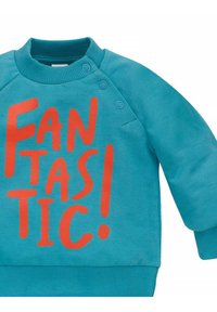 Turquoise sweatshirt met oranje tekst "FANTASTIC!" in vetgedrukte, speelse lettertype. Voorzien van geribbelde kraag en manchetten, met drukknoopjes op de schouder.