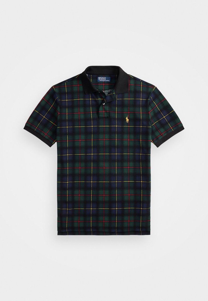 Donkergroen, marineblauw, rood en gele geruite polo met een zwarte kraag en mouwboorden, met een klein geel geborduurd logo op de borst.