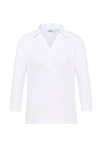 Polo shirt bianco a maniche lunghe con bottone, colletto classico e vestibilità leggermente rilassata. Realizzato in tessuto morbido e liscio senza motivi.