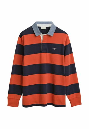 Polo a maniche lunghe con strisce orizzontali arancioni e blu navy, dotato di un colletto azzurro e di un piccolo logo ricamato sul petto.
