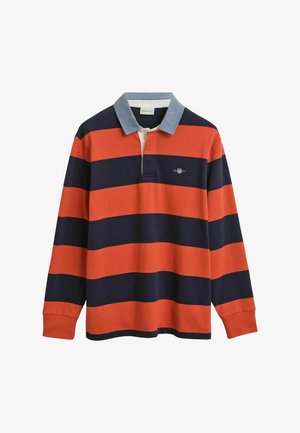 Lange mouwen polo met oranje en marineblauwe horizontale strepen, voorzien van een lichtblauwe kraag en een klein geborduurd logo op de borst.