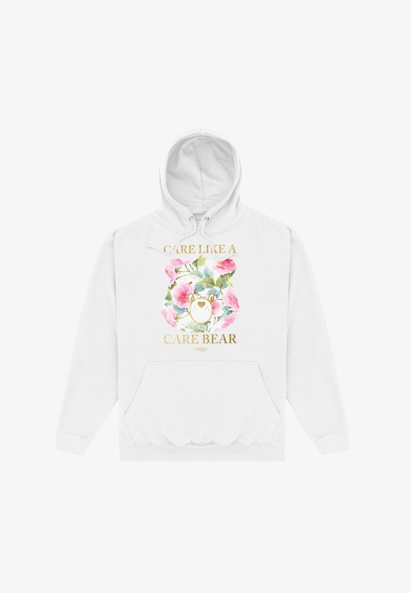 Biała bluza z kapturem z kwiatowym wzorem, przedstawiającą ilustrację misia oraz tekst "TROSKA JAKO MISIE CARE" w złotym kolorze. Z przodu kieszeń typu kangur.