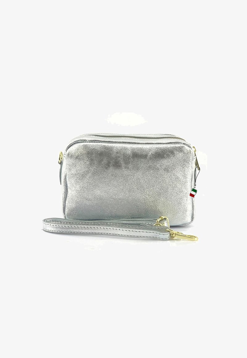 Zilveren metallic crossbody tas met een gladde textuur, rechthoekige vorm, gouden hardware en een verstelbare schouderband. Bevat een klein detail van de Italiaanse vlag.