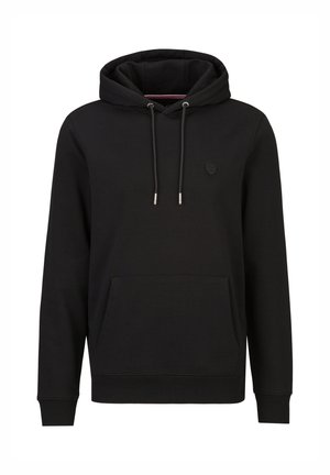 Schwarzer Hoodie mit langen Ärmeln, vorderer Kängurutasche, verstellbarer Kapuze mit Kordelzug und kleinem, tonfarbenem Emblem auf der linken Brust.