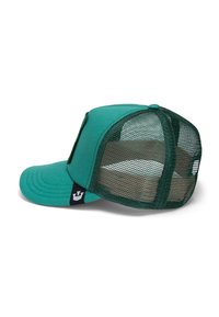 Green cap with a curved brim, made of fabric with mesh side panels and back. Features a logo patch on the side and a button on top.