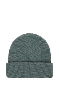 Cappello beanie lavorato a maglia in verde smorto, con un motivo testurizzato e una piega in basso per maggiore calore.