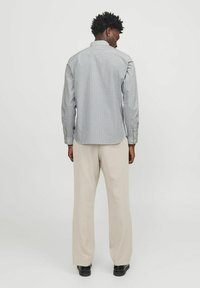 Camicia a maniche lunghe a scacchi blu e bianca, con colletto alla francese e polsini con bottoni, abbinata a pantaloni beige chiaro e scarpe nere.