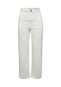 Jean blanc à jambes larges en denim. Caractérisé par une taille haute, une fermeture à boutons et un design à cinq poches. Texture lisse avec une couleur uniforme.