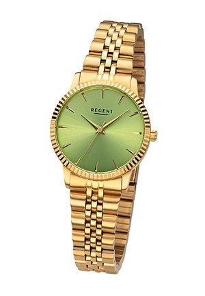 Montre-bracelet dorée avec un cadran dégradé vert, marquages horaires minimalistes et un bracelet en métal lié. Présente une lunette texturée et le nom de la marque.