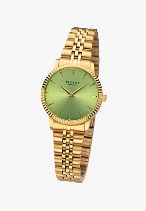 Montre-bracelet dorée avec un cadran dégradé vert, marquages horaires minimalistes et un bracelet en métal lié. Présente une lunette texturée et le nom de la marque.