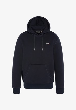 Navyblaue Kapuzenjacke aus Baumwollmischung mit einer Fronttasche, Kordelzügen und einem kleinen gestickten Logo auf der Brust.