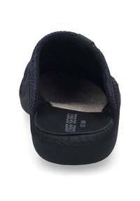 Navy slip-on slippers with a textured fabric upper, padded interior, and a flat rubber sole. Features a brand tag on the heel.