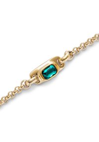 Bracelet en ton or avec une pierre précieuse émeraude ovale, design en chaîne liée, texture lisse et finition polie.