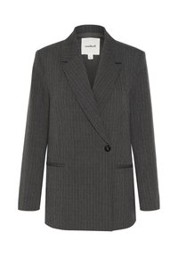 Grå pinstripe blazer med spids krave, dobbeltradet front, enkelt knap lukning og to forlommer. Textureret stof.