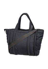 Borsa a tracolla nera trapuntata con doppi manici e tracolla removibile. Presenta cuciture visibili e una forma rettangolare compatta.
