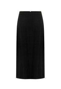 Jupe noire longueur genou, design épuré, tissu lisse, fermée au dos par une fermeture éclair dissimulée, sans motifs ni accents visibles.
