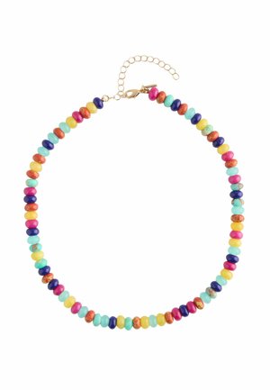 Mehrfarbige runde Perlenkette in Pink, Gelb, Blau, Türkis und Orange mit einem Verschluss aus Goldkette auf weißem Hintergrund.