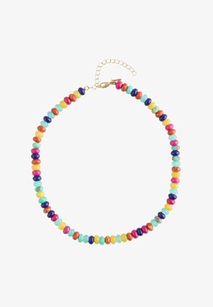 Mehrfarbige runde Perlenkette in Pink, Gelb, Blau, Türkis und Orange mit einem Verschluss aus Goldkette auf weißem Hintergrund.