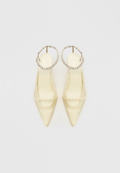 Pointed-toe beige satin heels featuring a clear strap and circular rhinestone embellishments at the ankle. Flat surface for the sole.