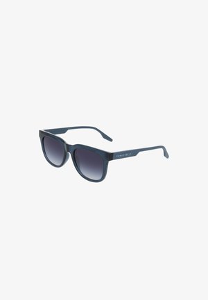 Plastiksonnenbrille mit einem dunkelblauen Rahmen, graduellen dunkelgrauen Gläsern und einem Logo an der Seite. Winkeliges Design mit geraden Bügeln.