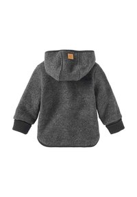 Felpa per bambini di colore grigio scuro in pile, con polsini a costine e una piccola etichetta color beige sul retro del cappuccio.