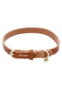 Brauner Ledergürtel mit einer goldenen Metallschnalle und -beschlägen, beschriftet "PICARD", mit glatter Oberfläche und verstellbaren Gurtlöchern.