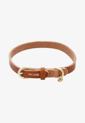 Brown leather belt featuring a gold metal buckle and hardware, labeled "PICARD," with a smooth texture and adjustable strap holes.