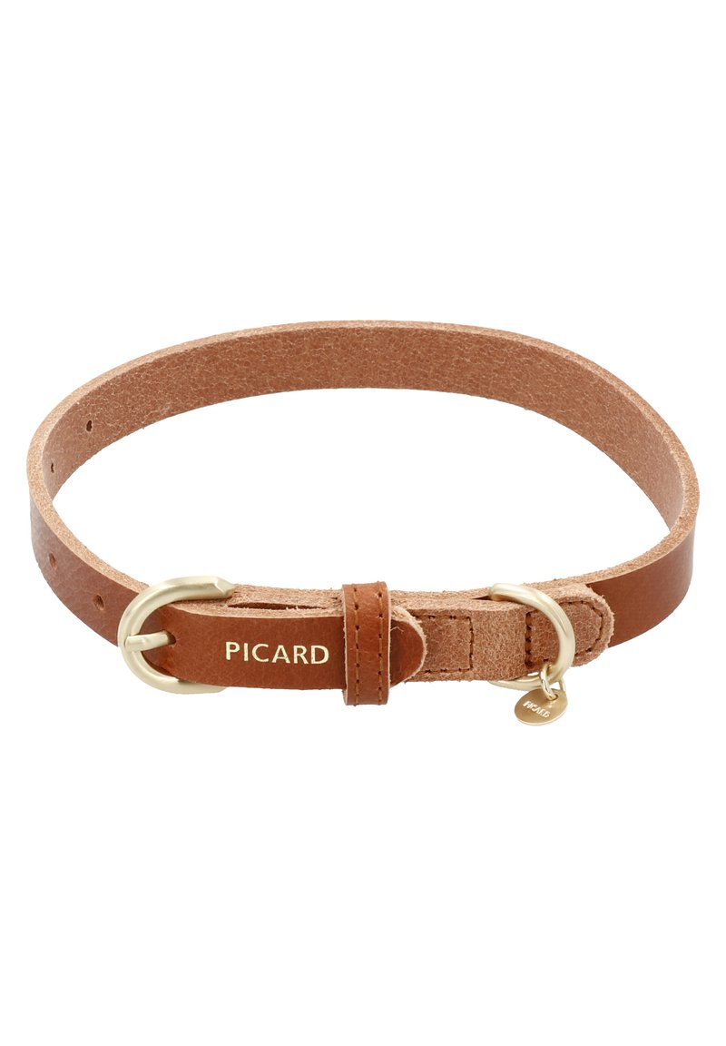 Brauner Ledergürtel mit einer goldenen Metallschnalle und -beschlägen, beschriftet "PICARD", mit glatter Oberfläche und verstellbaren Gurtlöchern.