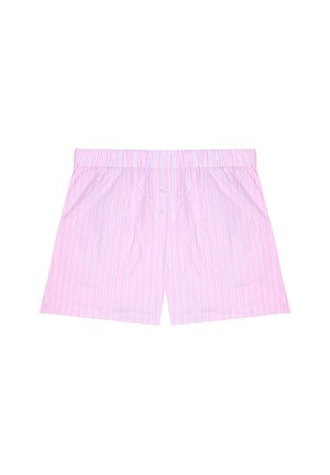 Calzoncillos bóxer para hombre de color rosa con rayas verticales azules y blancas y dos botones blancos en la cintura delantera, extendidos planos.