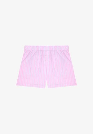 Boxer rose pour homme à rayures verticales bleues et blanches avec deux boutons blancs sur la ceinture avant, posé à plat.