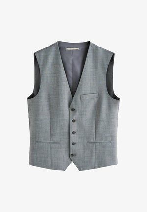 Gilet a scacchi grigio con scollatura a V, cinque bottoni e due tasche frontali. Fodera interna liscia, vestibilità strutturata e senza maniche.
