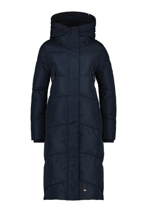 Dunkelblauer Puffermantel mit Kapuze, langem Schnitt, gestepptem Design und zwei seitlichen Taschen. Mit Knöpfen und Reißverschlüssen verschlossen.