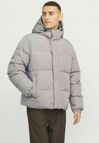 Puffet grå jakke med hætte, med elastiske manchetter og lynlås foran. Materialet ser blødt og isoleret ud. Enkel quiltet design.
