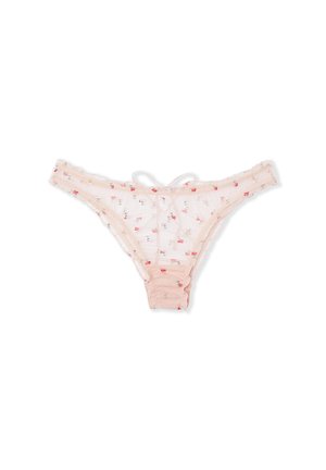 Lace-trimmed sheer pink thong with small floral patterns, soft material, and a center bow detail. Ruffled edges enhance the design.