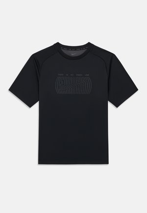 Black short-sleeve athletic t-shirt with a rounded neckline and textured graphic print saying "THERE IS NO FINISH LINE" in dark gray.