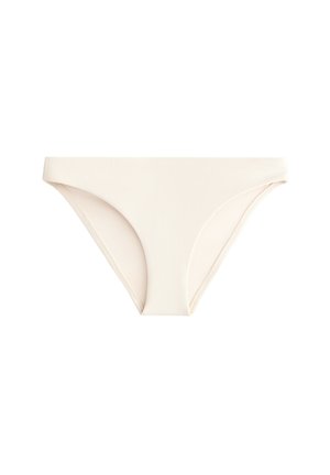 Parte inferiore di bikini beige realizzata in tessuto a coste. Presenta un design a vita bassa con ampie fasce laterali e copertura minima. Texture liscia.