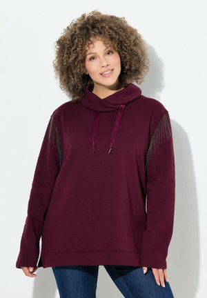 Felpa con cappuccio color borgogna, caratterizzata da un ampio colletto e dettagli laterali in frange metalliche. Realizzata in tessuto morbido, presenta maniche lunghe e una vestibilità rilassata.