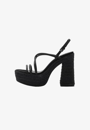 Black platform sandals with braided wedge heels, featuring three slim straps, an adjustable buckle, and a textured sole.
