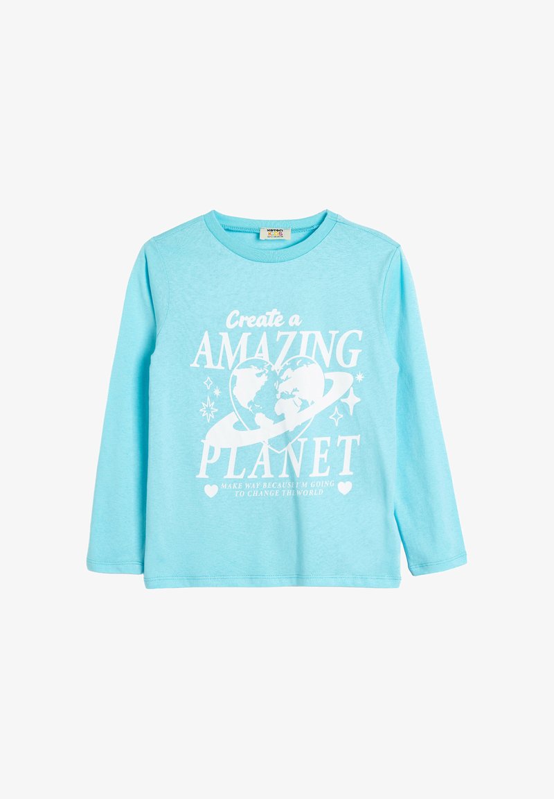 Turkos långärmad T-shirt i bomull, med vit grafisk text och design av jorden, stjärnor och en ringad planet.