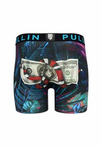 Boxers noirs avec un motif de feuilles tropicales, arborant un serpent rouge, blanc et noir enroulé autour d'un graphique représentant un billet de 100 $. 