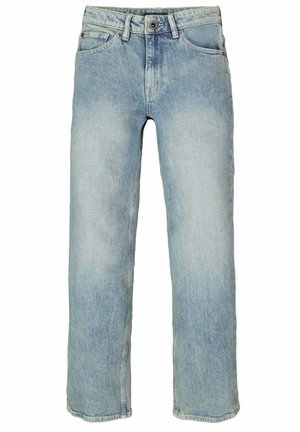 Jeans di denim azzurro chiaro a gamba dritta con chiusura a bottone e cerniera, passanti per cintura e tasche anteriori.