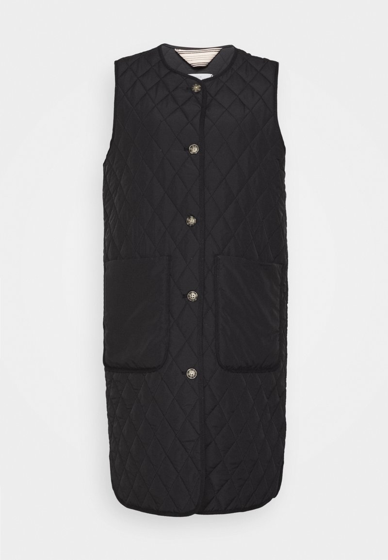 Veste longue matelassée noire sans manches avec col rond, boutons sur le devant et deux grandes poches avant.